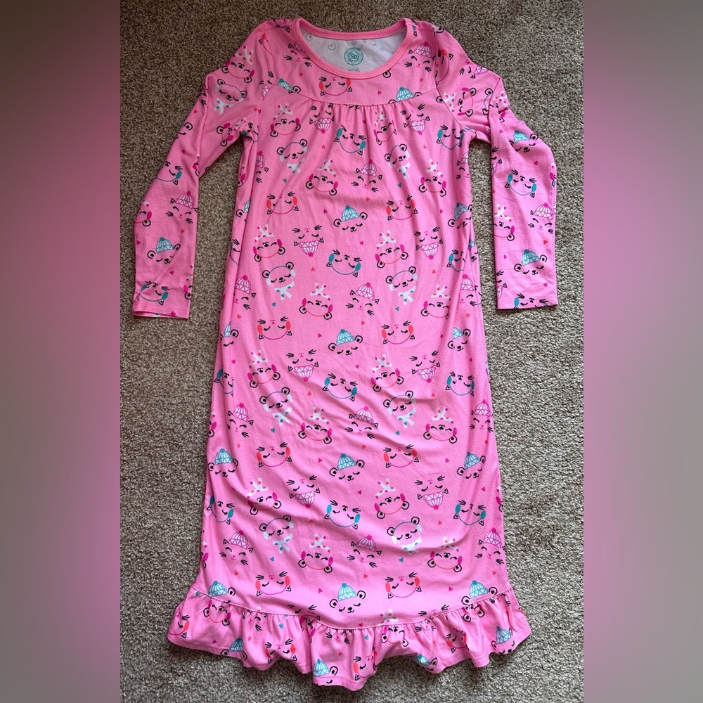 LIKES=10% OFF!! Pink Long Sleeve Nightgown with Cute Print
